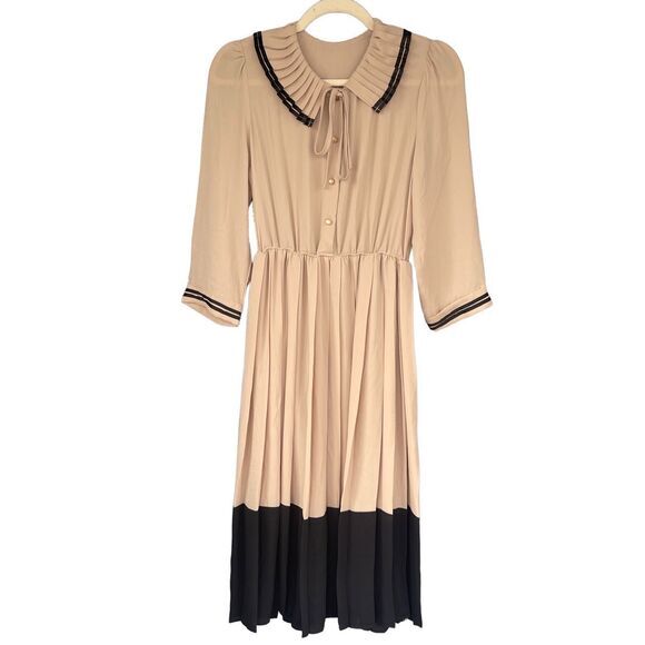 D1 Pleated Midi Dress Peter Pan Collar‎ Tie Neck Button Up - Picture 1 of 9